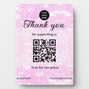 blue sparkle add logo text Q R code scan here Plaque