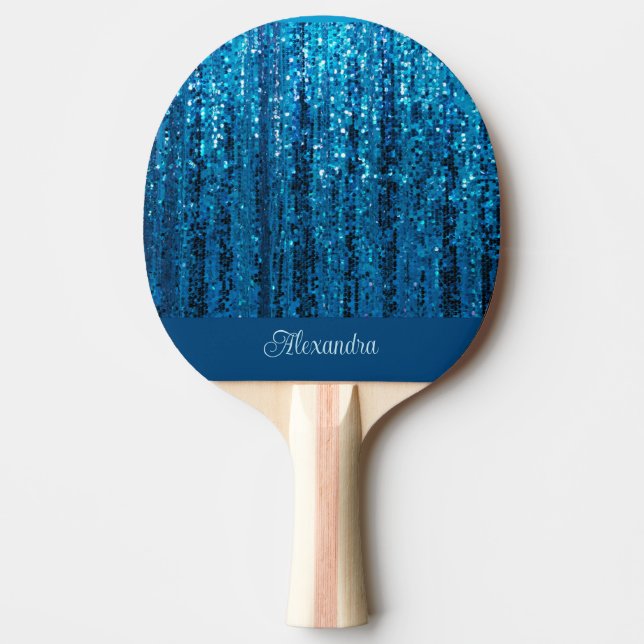 Blue Sparkle Bling Personalised Ping Pong Paddle (Front)