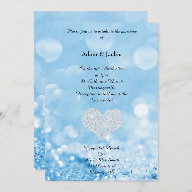 BLUE SPARKLE BOKEH BUBBLE PRINT WEDDING INVITATION (Front/Back)