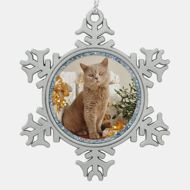Blue Sparkle Border Cat and Pet Photo Ornament (Front)