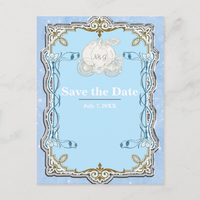 Blue Sparkle Carriage Cinderella Save the Date Announcement Postcard (Front)