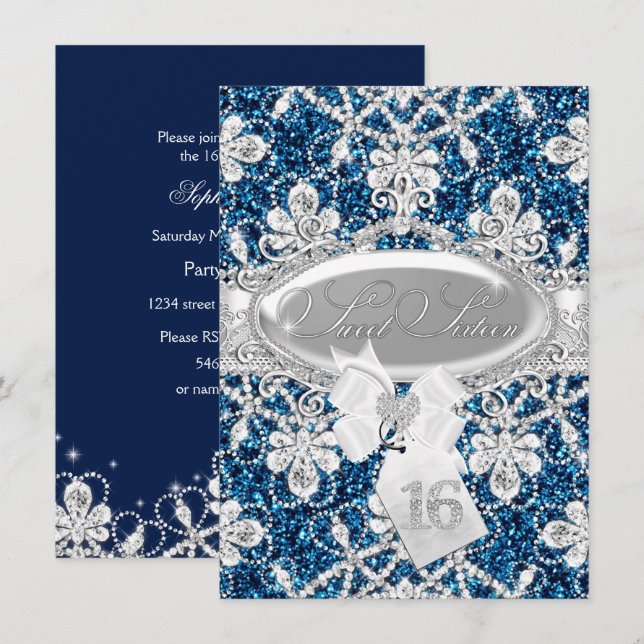 Blue Sparkle Diamond & Glitter Sweet 16 Invite (Front/Back)