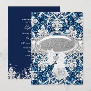 Blue Sparkle Diamond & Glitter Sweet 16 Invite