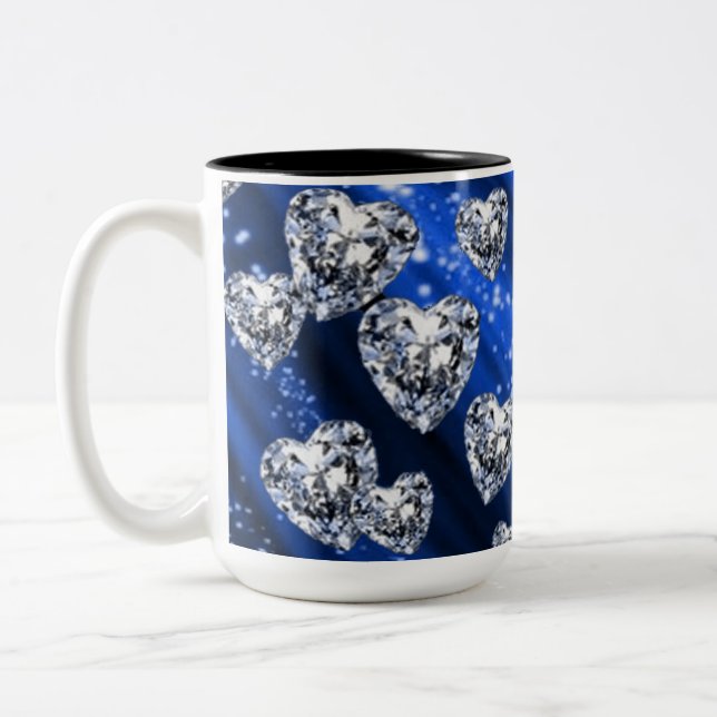 Blue Sparkle Diamond Hearts Mug (Left)