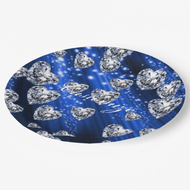 Blue Sparkle Diamond Hearts Napkins Paper Plate (Angled)