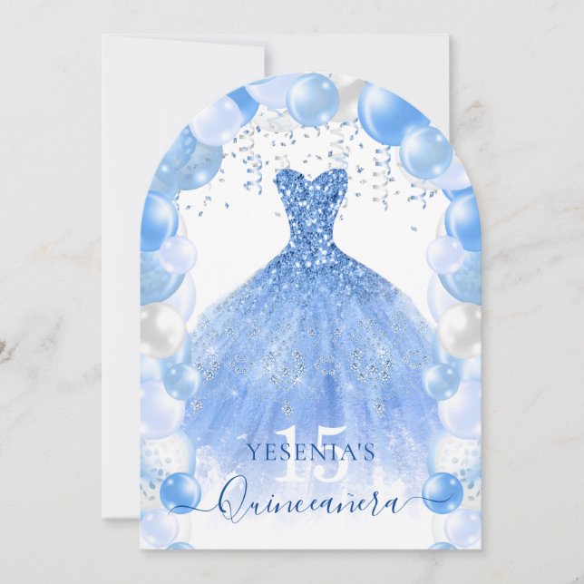 Blue Sparkle Dress Quinceañera Balloon Arch Invitation (Front)