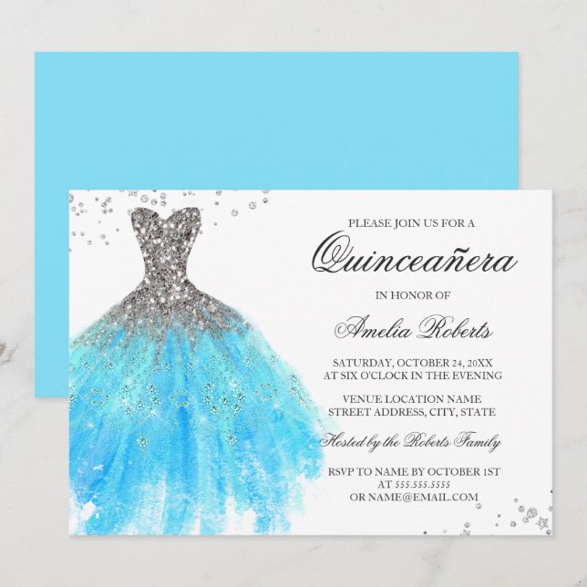 Blue Sparkle Dress Quinceanera Invitation (Front/Back)