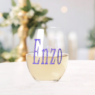 Blue Sparkle Enzo Name, Stemless Wine Glass