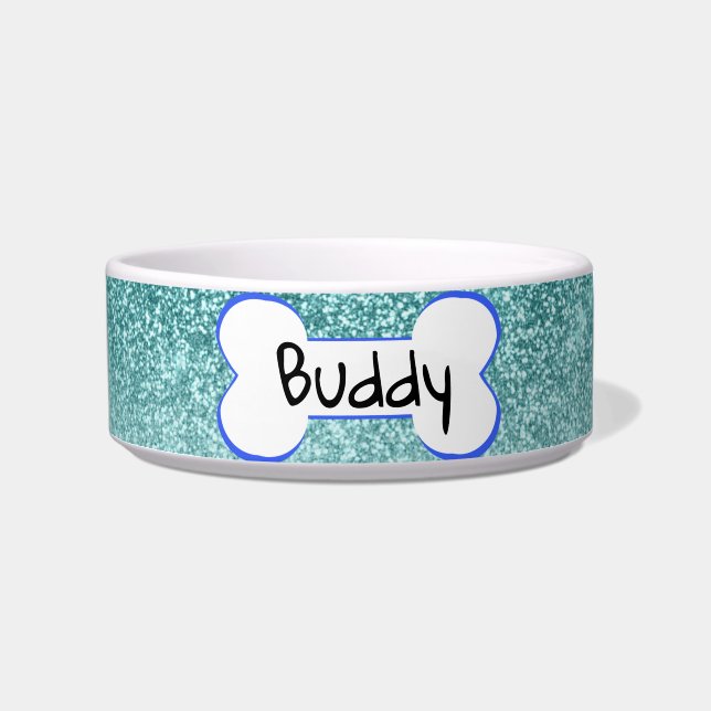 Blue Sparkle Glitter Pet Dog Cat Personalised Bowl (Front)