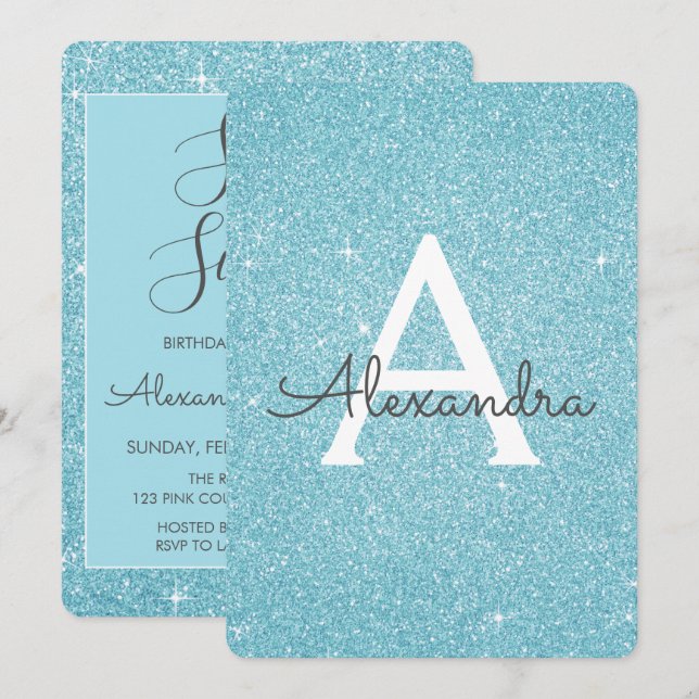 Blue Sparkle Glitter Sweet Sixteen Birthday Invitation (Front/Back)