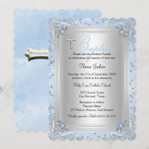 Blue Sparkle Jewel Baptism Christening 2 Invitation