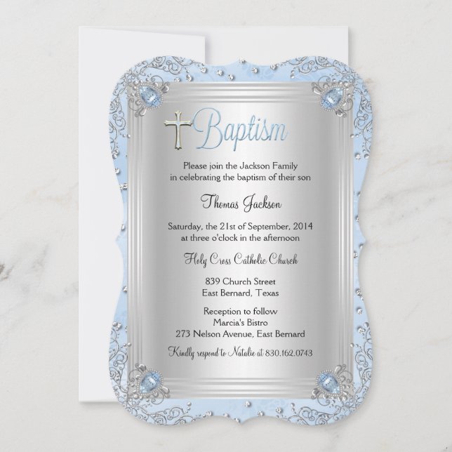 Blue Sparkle Jewel Baptism Christening Invitation (Front)