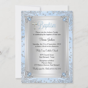 Blue Sparkle Jewel Baptism Christening Invitation