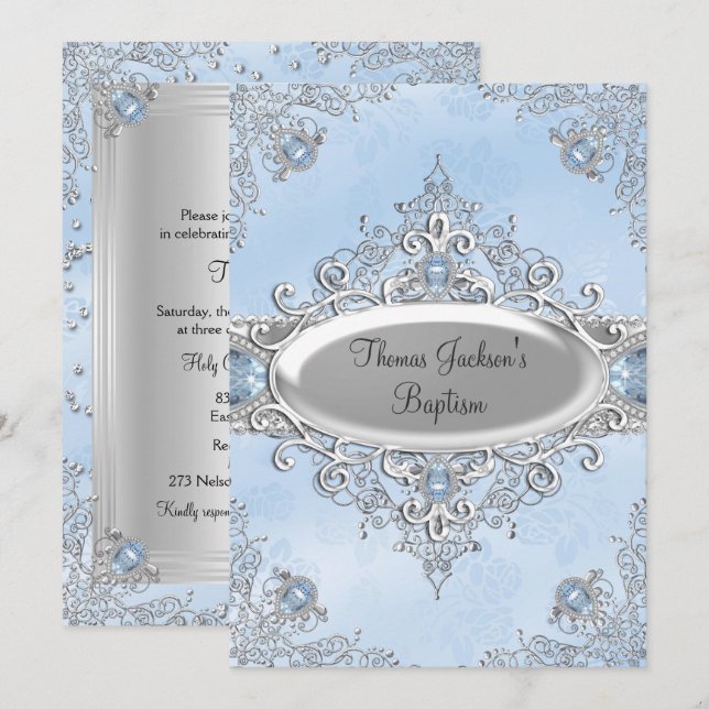 Blue Sparkle Jewel Baptism/Christening Invitation (Front/Back)