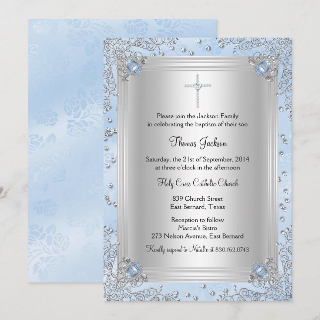 Blue Sparkle Jewel Baptism/Christening Invite (Front/Back)
