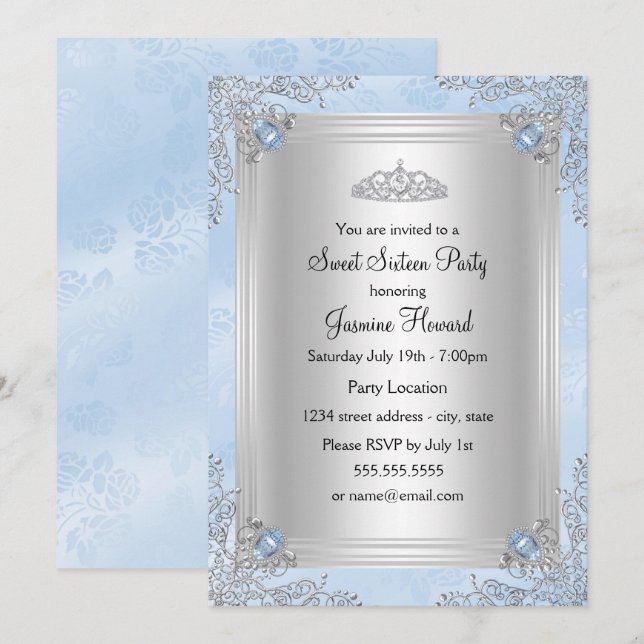 Blue Sparkle Jewel & Tiara Sweet 16 Invitation (Front/Back)
