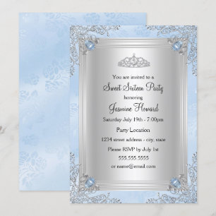 Blue Sparkle Jewel & Tiara Sweet 16 Invitation