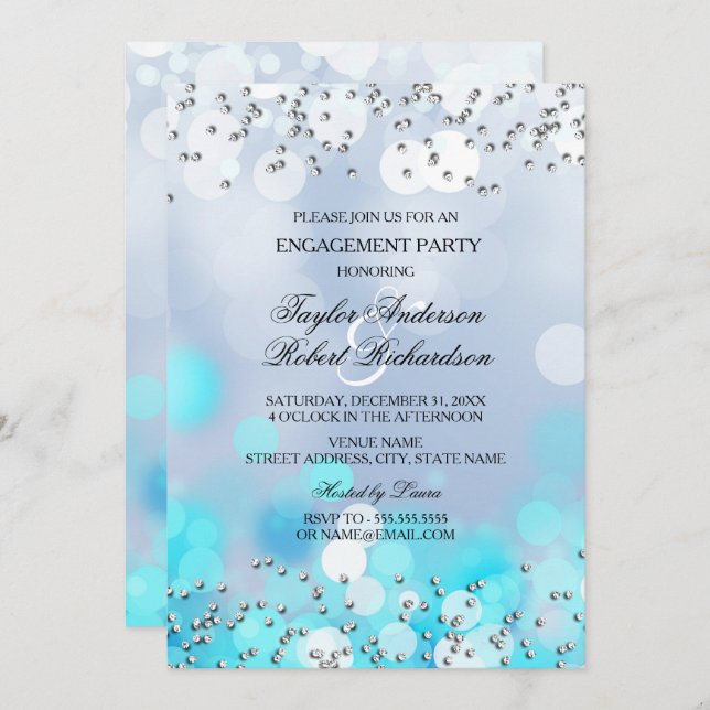 Blue Sparkle Lights Engagement Party Invitation (Front/Back)