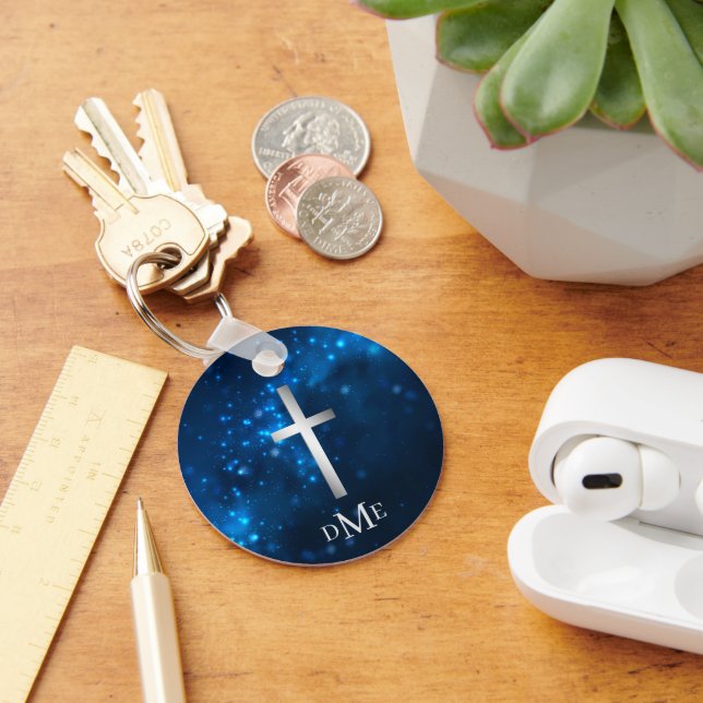 Blue Sparkle Lights Silver Cross Monogram  Key Ring (Desk)