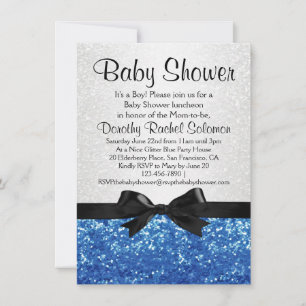 Blue Sparkle-look Bow Boy's Baby Shower Invitation