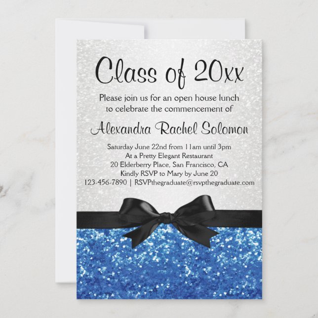 Blue Sparkle-look Bow Graduation/Party Invitation (Front)