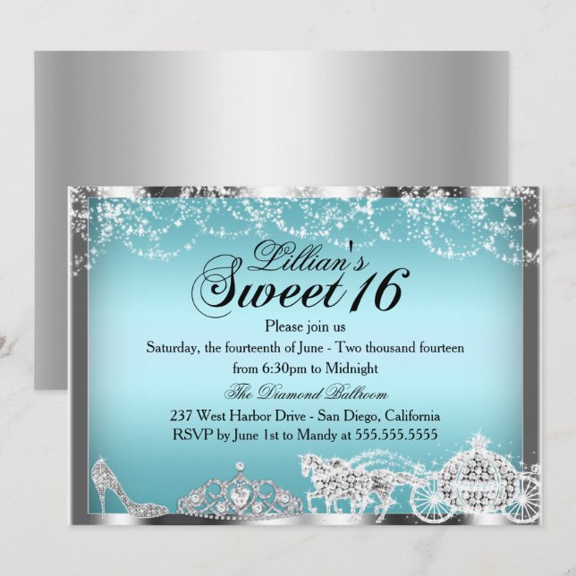 Blue Sparkle Princess Theme Sweet 16 Invite (Front/Back)