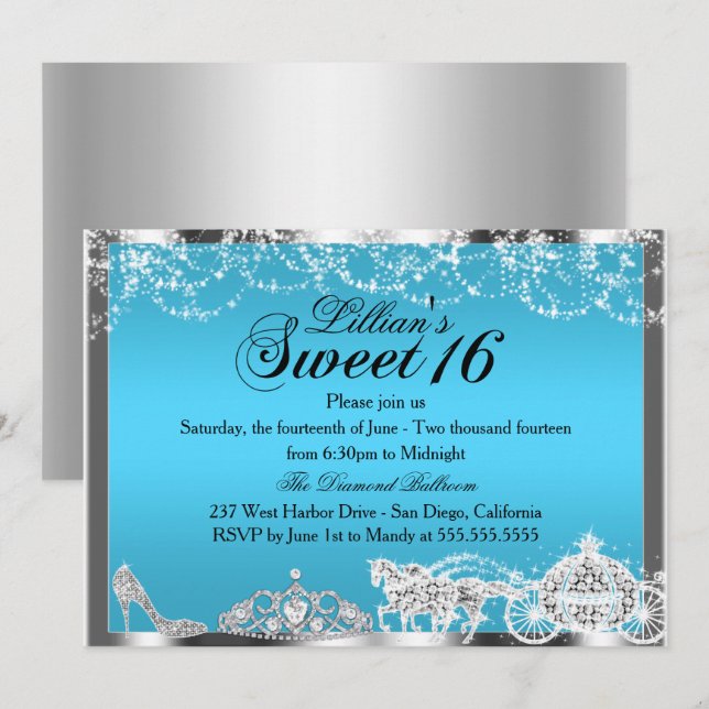 Blue Sparkle Princess Theme Sweet 16 Invite (Front/Back)