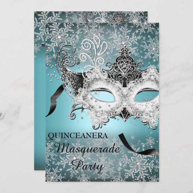 Blue Sparkle Snowflake Masquerade Quinceanera Invitation (Front/Back)