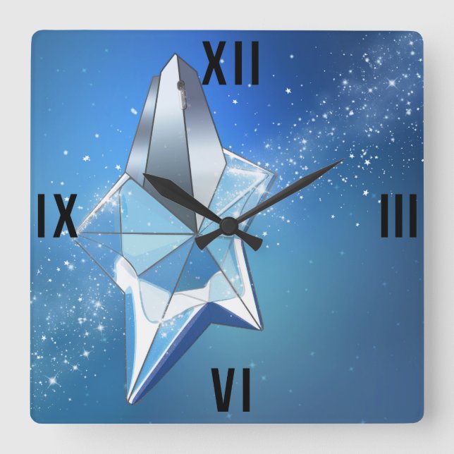 Blue Sparkle Star Perfume Bottle Glam Square Wall Clock (Front)