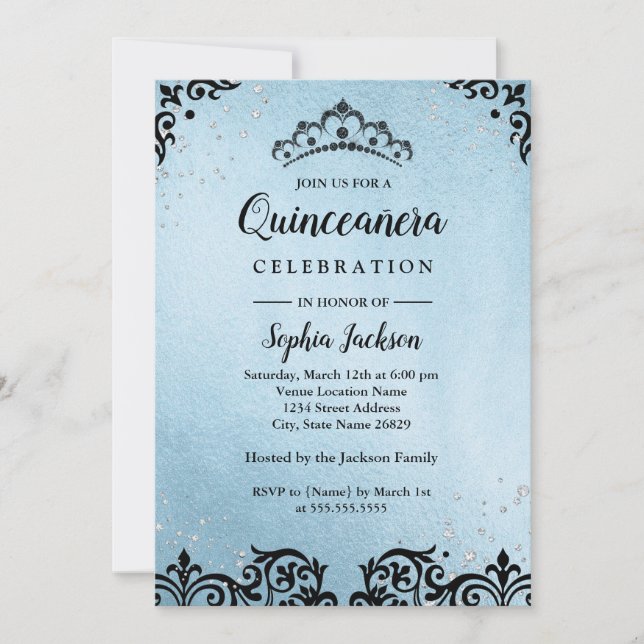 Blue Sparkle Tiara Damask Quinceanera Invitation (Front)