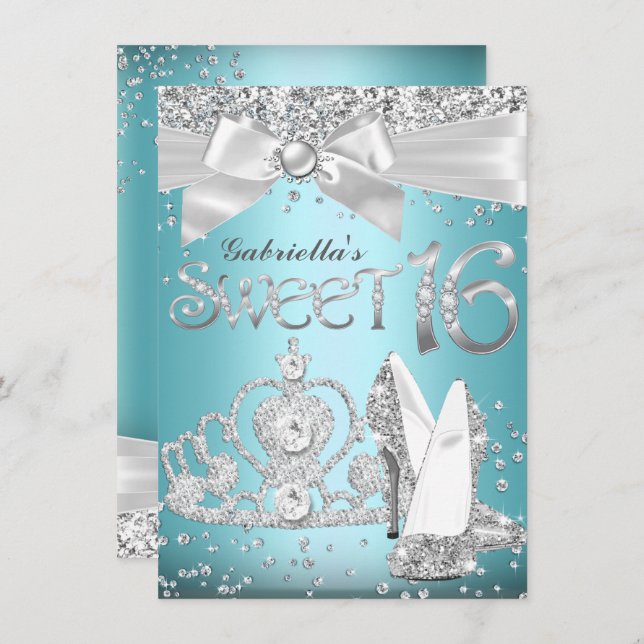 Blue Sparkle Tiara & Heels Sweet 16 Invite (Front/Back)