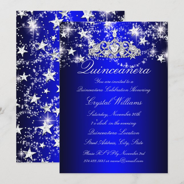 Blue Sparkle Tiara & Stars Quinceanera Invitation (Front/Back)