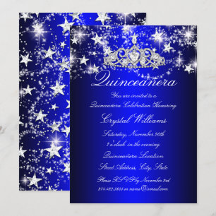 Blue Sparkle Tiara & Stars Quinceanera Invitation