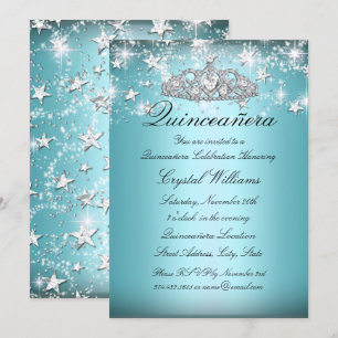 Blue Sparkle Tiara Stars Quinceanera Invite