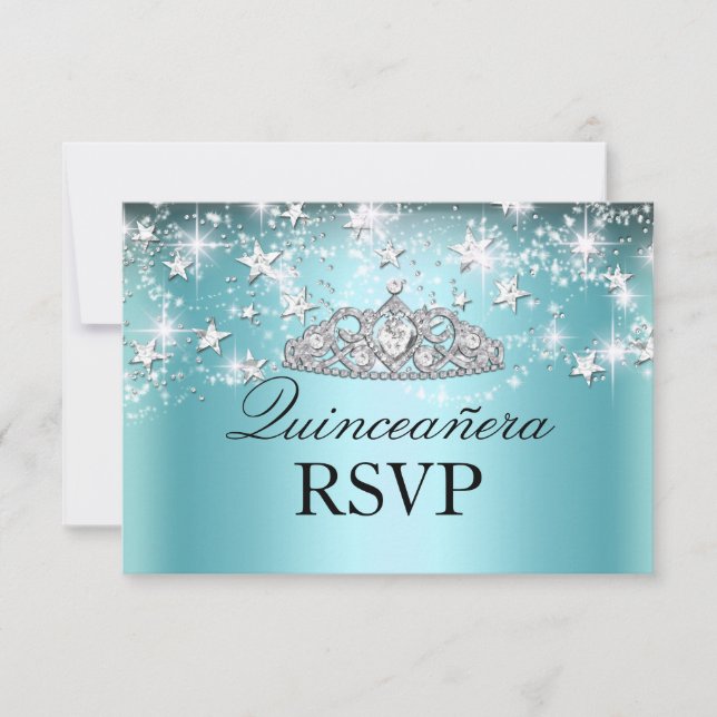 Blue Sparkle Tiara & Stars Quinceanera RSVP (Front)