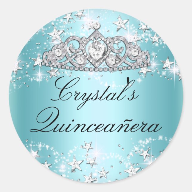 Blue Sparkle Tiara & Stars Quinceanera Sticker (Front)