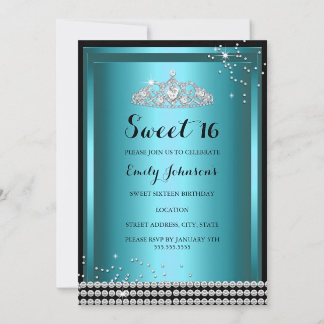 Blue Sparkle Tiara Sweet 16 Birthday Invitation (Front)