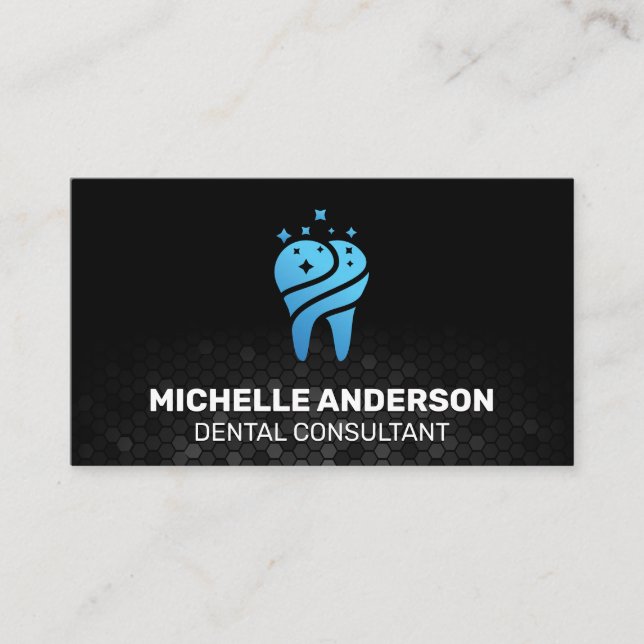 Blue Sparkle Tooth Icon | Geometric Background Business Card (Front)