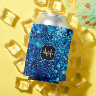 Blue sparkles Abstract Frozen bubbles Monogram Can Cooler