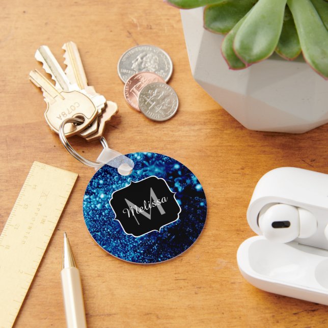 Blue sparkles Abstract Frozen bubbles Monogram Key Ring (Desk)