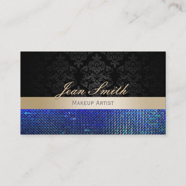 Blue Sparkles Damask Makeup Artist Business Cards (Front)