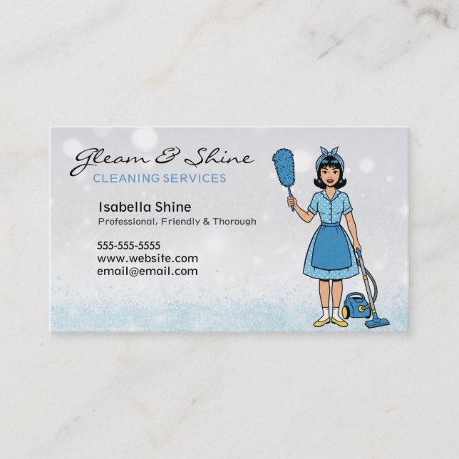 Blue Sparkles Retro Cleaner Cleaning Woman Service Business Card (Front)