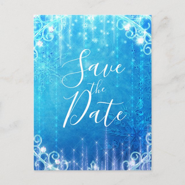 Blue Sparkling Frozen Ice Winter Save the Date Announcement Postcard (Front)