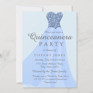 Blue Sparkling Glitter Gown Quinceanera Invite