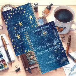 Blue Sparkling Glitter Stars New Year Resolution Planner