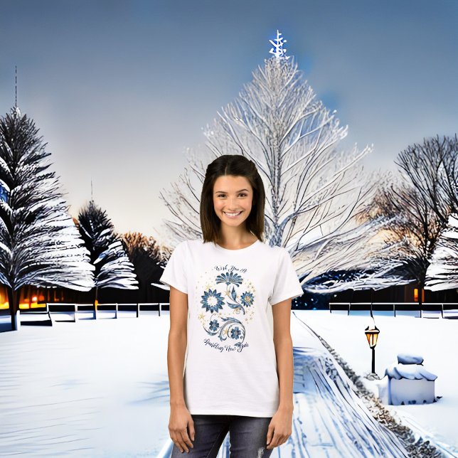 Blue Sparkling New Year Glitter Cheer Stars Floral T-Shirt (Blue Sparkling New Year Glitter Cheer Stars Floral T-Shirt)