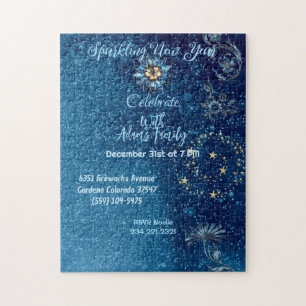 Blue Sparkling New Year Glitter Stars Floral Party Jigsaw Puzzle