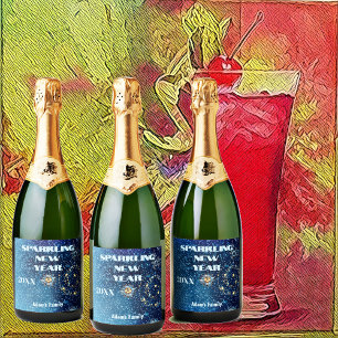 Blue Sparkling New Year Glitter Stars Floral Party Sparkling Wine Label