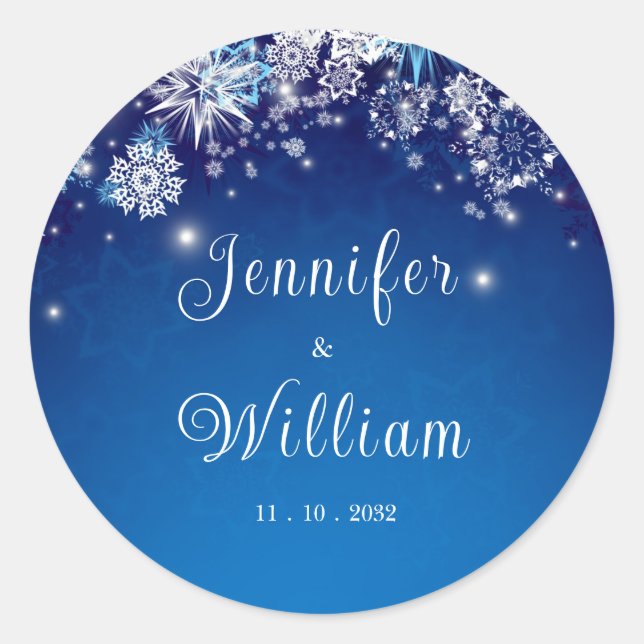 Blue Sparkling Winter Wonderland Wedding Classic Round Sticker (Front)