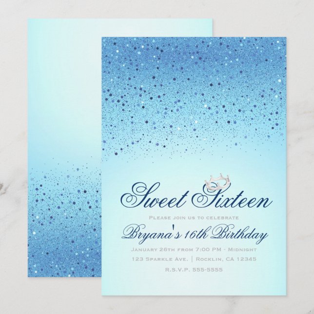 Blue Sparkly Glitter Crown Sweet 16 Birthday Party Invitation (Front/Back)